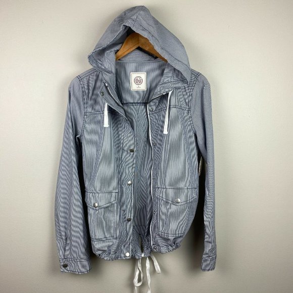 SO Jacket Womens Medium Blue Stripe Field Full Zip Flap Pocket Lightweight New - Picture 6 of 10